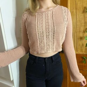 Forever 21 pink knit long sleeve crop top with lace details and flare sleeves